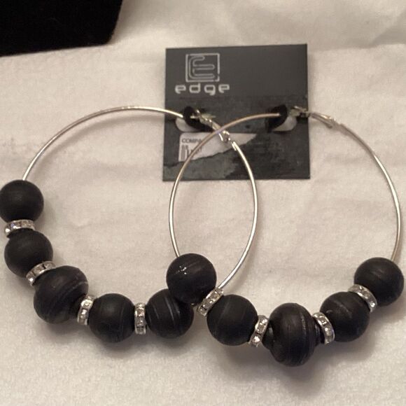 Large Silvertone Hoops with Black Beads and Rhinestone Rondels - Picture 3 of 6